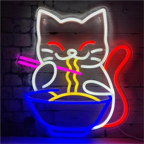 Panneau lumineux néon en forme de chat ramen coloré pour décoration murale, nouilles, panneau LED USB pour restaurant, maison, bar, cuisine, salle à manger, vitrine de magasin, cadeau pour amis (1/5)