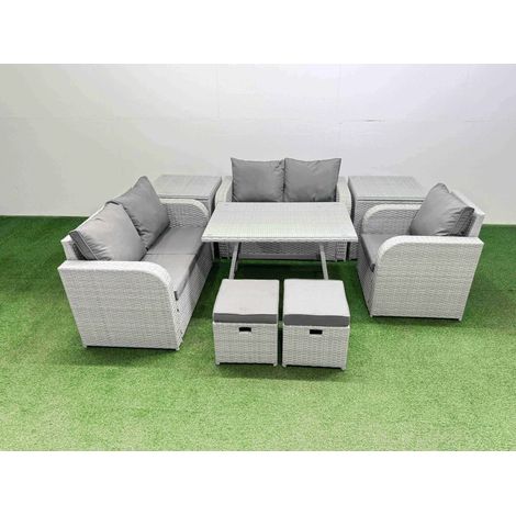 Fimous 7 Seater Outdoor Rattan Garden Furniture Set Love Sofa Reclining Chair Set with Rectangular Dining Table 2 Side Tables 2 Small Footstools Light Grey (1/4)
