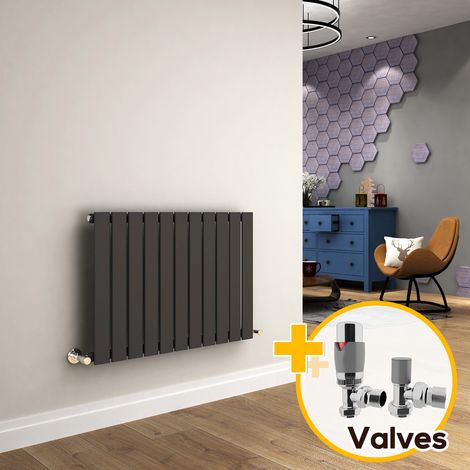 ELEGANT 600 x 836 mm Anthracite Column Radiator Horizontal Single Flat Panel Designer Radiator with Angled Radiator Valves + Chrome Thermostatic Radiator Valves (1/5)