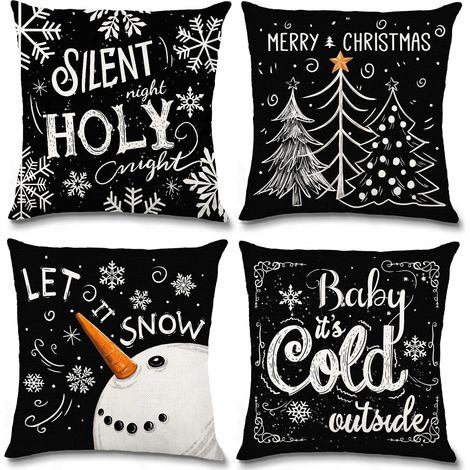 Funda de cojín navideña de 45 x 45 cm, negra, con estampado de copos de nieve, muñecos de nieve y un árbol de Navidad, para decorar el dormitorio, el sofá o cualquier otro lugar. (1/5)