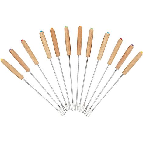 12 Forchette da fonduta lunghe 24 cm con forchettone a 2 punte in acciaio inox e manico in legno - Utensile per fonduta di formaggio e barbecue (1/5)