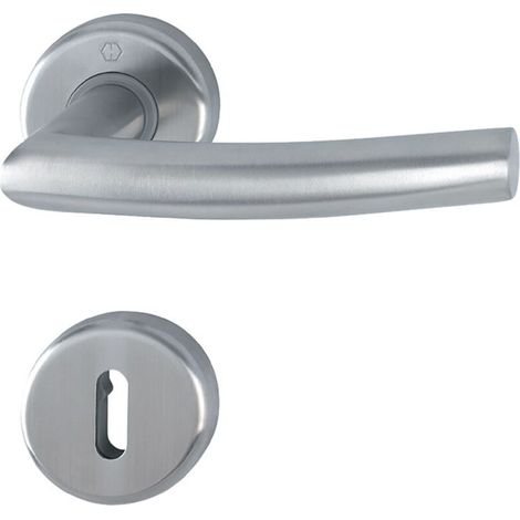 – Garniture alta inox sur rosace ronde Ø52mm – Percement clé BB/L – Assemblage monobloc avec ressorts de rappel – Fixation non visible (1/3)