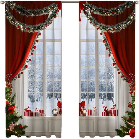 Rideaux De Noël - Imprimé Sapin Et Boules Festives - Pour Salon Chambre - 165 X 150 Cm - Lot De 2 (1/3)