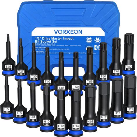 Jeu de Embout TORX + ALLEN 20PCS Douilles à Choc 1/2 en Acier S2 Hexagone Métrique 5-19mm/Torx T25-T80 avec Système Anti-Chute Pour Mécaniciens et Amateurs de Bricolage (1/5)