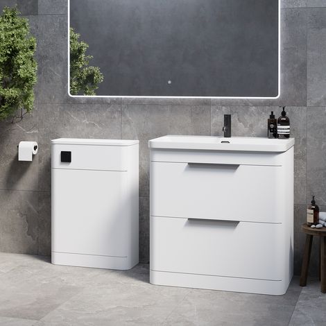 Oslo Gloss White 1350mm Wall Mounted Vanity Unit Toilet Suite with Fina Basin - 1350mm - Matt Black 300mm Finger PullWithout Jubilee Toilet Pan