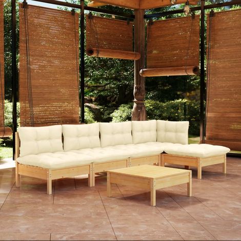 FIMEI Salon de jardin 6 pcs avec coussins crème Bois de pin (1/5)