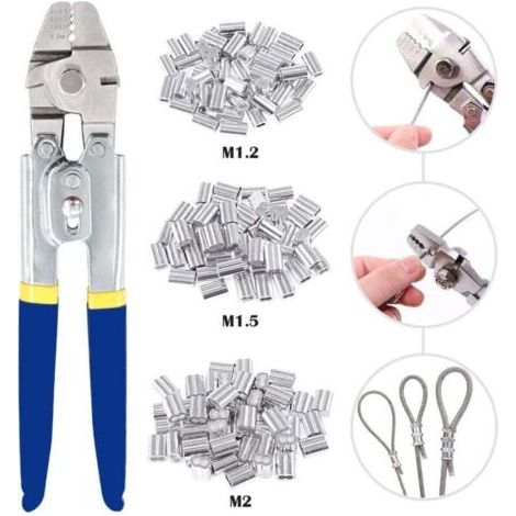 Outil de sertissage de câbles métalliques pour cable métallique jusqu'à 2,2 mm avec 150 manchons de sertissage double barillet en aluminium de 3 tailles (1/4)