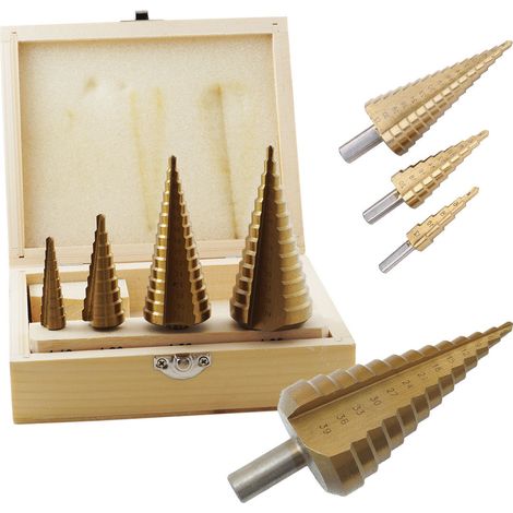 SET 4 PUNTE FRESE CONICHE A SCALINO GRADINI ALLARGA FORI 4-39 MM (1/2)