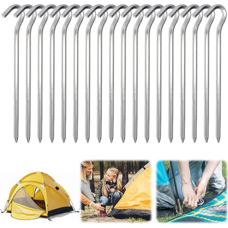 Piquets de tente en aluminium, lot de 18, avec crochets et 18 clous pour tente, adaptés aux sols durs et au camping. (1/5)