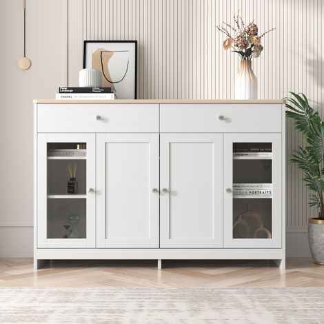 Buffet Bas de Salon Blanc et Bois 120cm - Enfilade de Cuisine Style Campagne Chic avec 4 Portes dont 2 Vitrées, 2 Tiroirs et Étagères Réglables pour Séjour - 120x37x80cm (1/2)