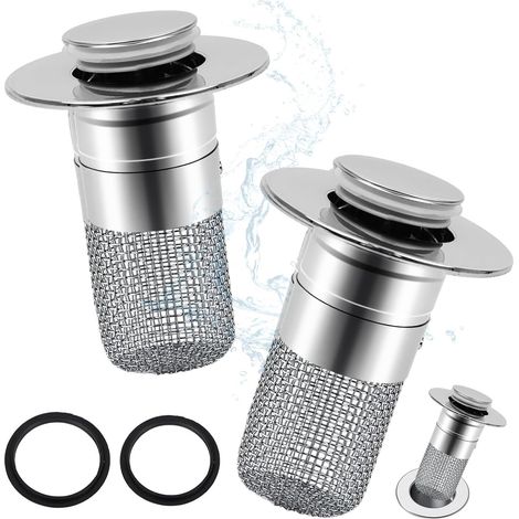 Juego de 2 tapones para fregadero 2 en 1 con filtro de desagüe (plateados): función de apertura automática, universal de 34-40 mm, con filtro de pelo y tapón de desagüe. Para lavabos de baño, fregader (1/5)