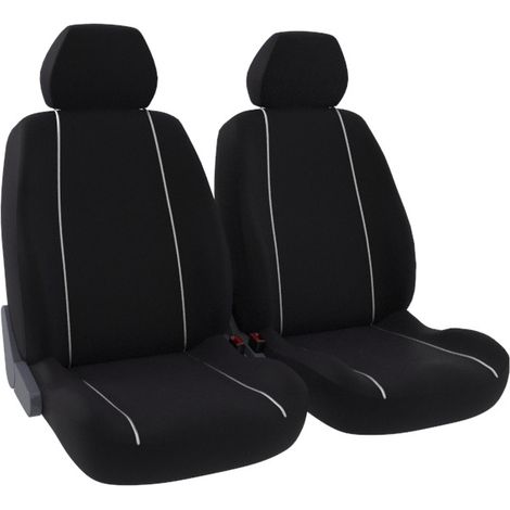 Jeu de 2 housses de sièges avant - Universelles - Voiture/Auto - Lavable - Tissu noir avec joncs blancs (1/5)