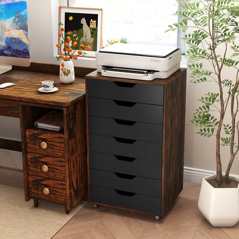 Armoire de Rangement à 7 Tiroirs Organisateur de Fichiers Mobile avec 4 Roulettes Universelles Commode Verticale sur Roues Marron Rustique (1/3)