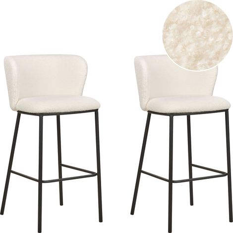 Set di 2 sedie da bar moderne Sgabelli con sedile imbottito in boucle Senza braccioli Schienale curvo Gambe nere Bianco Mina