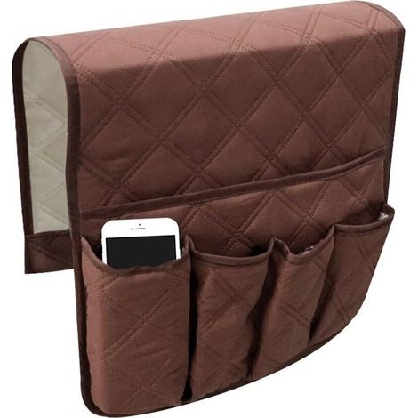 (Marron) Organiseur d'accoudoir de chaise, housse de canapé, poches suspendues peu encombrantes, sac de rangement antidérapant pour téléphone, livres, magazines, télécommande de télévision (1/4)