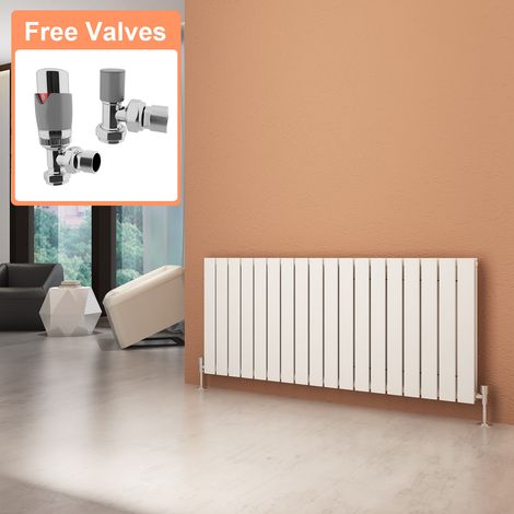 ELEGANT Horizontal Radiator Double Flat Panel 600x1368mm Designer White Radiator with Chrome Thermostatic Radiator Valves (1/5)