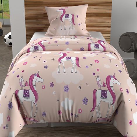 Parure Housse de Couette 140x200 cm Licornes Rose, 100% Coton 57 Fils/cm2 (1/5)
