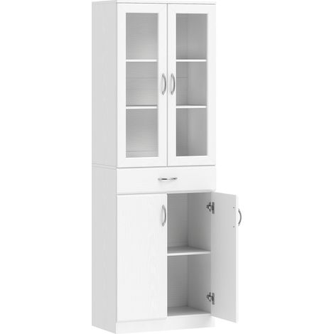Credenza Cucina 60x35x180 cm con 2 Armadietti e un Cassetto Mensole Regolabili e Ante in Vetro in Legno Bianco (1/5)
