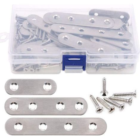 Lot de 35 supports droits plats en acier inoxydable de 3,7 cm, 5,7 cm, 9,7 cm, pour réparation de plaques de jonction et 80 vis, 115 pièces au total - Argenté (1/5)