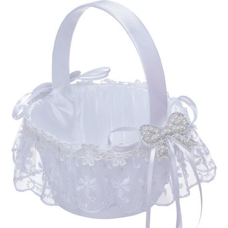 Panier Blanc de Fille de Fleur, Paniers Romantiques Portatifs de Tissu de Satin avec la Poignée Décor de Partie de Mariage DIY (220418CY29-3) (1/5)
