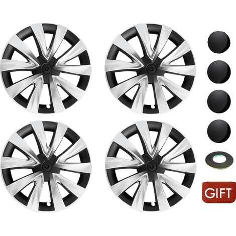 Enjoliveurs, Compatibles avec Tesla Model 3, Plastique ABS Durable, noir argenté, Pour le Modèle 3, 18 pouces 2018-23 (1/2)