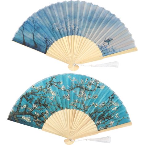 Lot 2 Éventails Pliants Manuels en Bambou, Peinture Abricot Fleuri Lavable, Décoration Artisanale pour Météo (1/5)