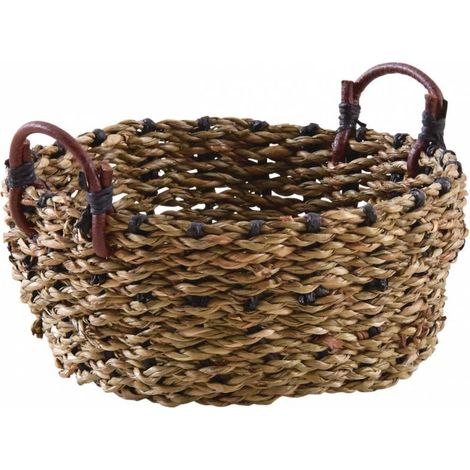 Corbeille ronde en jonc avec anses en cuir 14 cm