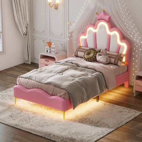 Letto 90x200 cm in PU Rosa, Testiera a Corona Imbottita con Perline e Fascia LED RGB (1/5)