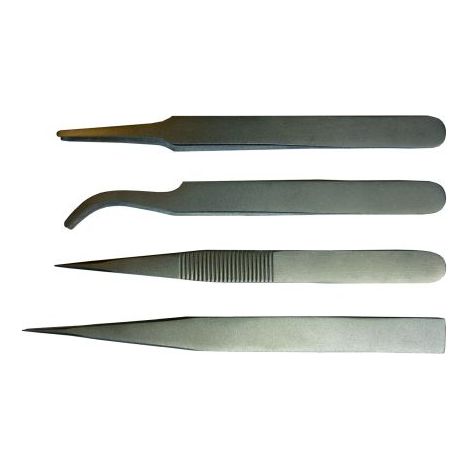 Kit de brucelles RS PRO KIT4-2T pointe Incurvé, Fin, Plat, Arrondi en acier austénitique à faible de teneur en carbone, ( Prix pour 1 )