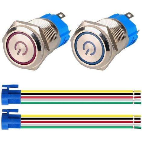 2pcs Locking Push Button Switch 1NO1NC Waterproof Stainless Steel 220V-230V/5A LED Illuminated Switch with Power Plug Suitable for 16mm Mounting Hole (Blue+Red) (1/4)