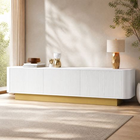 Meuble TV blanc 170 cm avec 3 portes, rangement réglable et gestion des câbles HAVRYA (1/5)