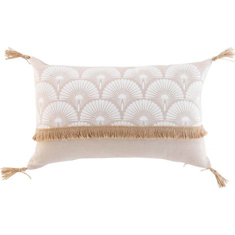 Coussin déhoussable avec pompons – 30 x 50 cm – Polycoton imprimé & jute Bahina Blanc (1/3)