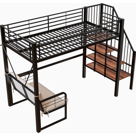 Etagenbett 90 x 200 cm aus schwarzem Metall mit abnehmbarem Sofa und Stauraumtreppe (1/5)