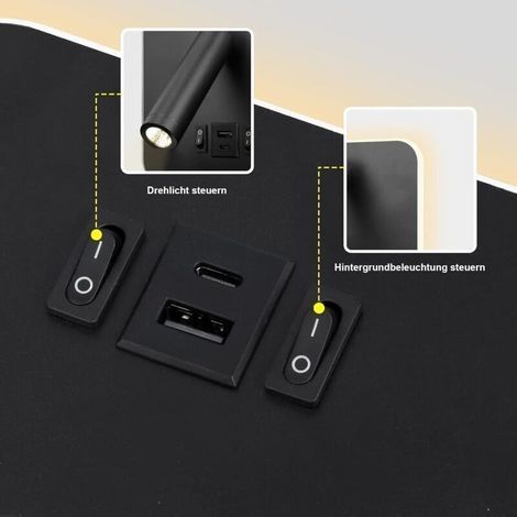 LED-Leselampe, USB-Typ-C-Wandleuchte, Doppelladeanschluss mit Schalter, verstellbarer 12-W-LED-Spot, 3000-K-Aluminium-Wandleuchte, schwenkbare Bettleuchte (rechteckig, schwarz) [Energieklasse (1/4)
