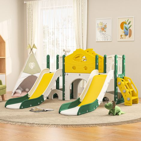 Ensemble de toboggans pour enfants, toboggan 7 en 1, double toboggan + allée + escalier + structure d'escalade + télescope, 1 à 3 ans, intérieur et extérieur, jaune (1/5)