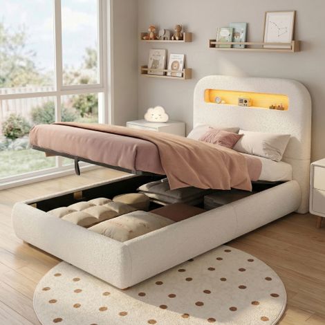 Lit enfant rembourré 90x200 cm avec coffre de rangement - avec éclairage LED - Pieds en bois - Bouclé - Blanc (sans matelas) (1/5)