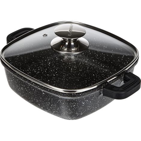 Faitout carré 24 x 24 cm - Fonte d'aluminium - Revêtement pierre - Couvercle en Verre - Tous Feux dont Induction - Sans PFOA - 0008101, Noir (1/5)
