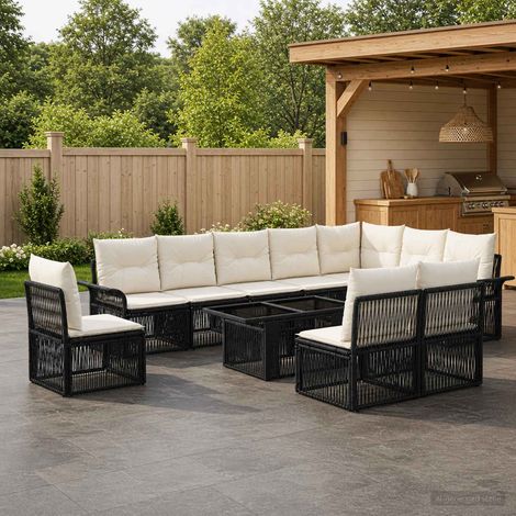 vidaXL Set Divano da Giardino 11 pz Nero e Bianco Crema polyrattan (1/5)