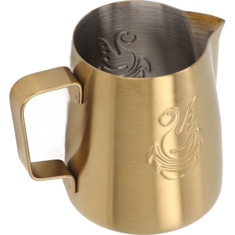 Schwanennasenkanne aus Edelstahl 304, 380 ml, spitzer Ausguss, abgewinkelter Griff, geschliffene Ausführung, goldfarben, für Latte Art. (1/5)