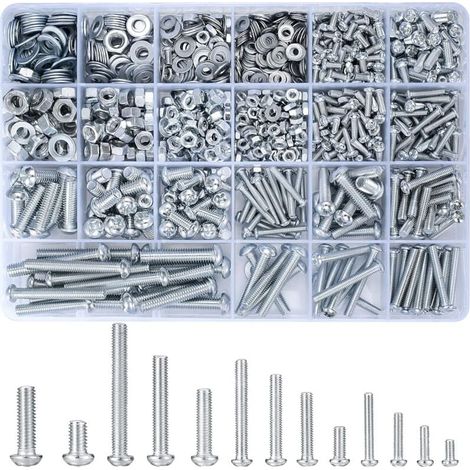 1080-teiliges Sortiment an Rundkopfschrauben, Muttern, Unterlegscheiben, M3 M4 M5 M6 Phillips- und Linsenkopf-Maschinenschrauben sowie Sechskantschrauben und Muttern - 900 g/16 Größe (Silber 1080) (1/4)