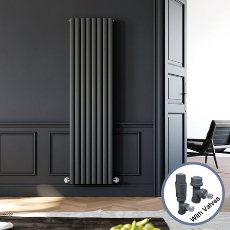 ELEGANT 1800 x 480 mm Anthracite Vertical Column Radiator Double Oval Panel Heater For Bedroom + Anthracite Thermostatic Radiator Valves (1/5)