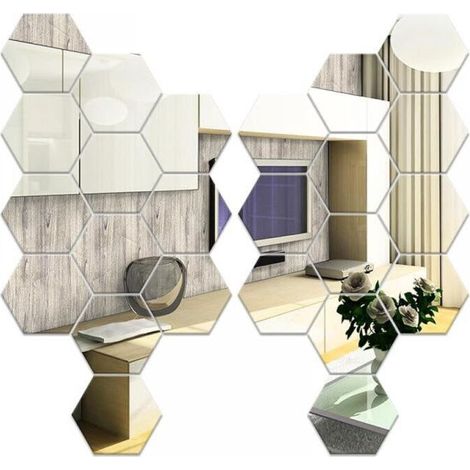 24 Pieces Hexagon Wall Mirror, Silver Adhesive Wall Mirror 126×110×63mm, Acrylic Hexagon Self-Adhesive Wall Mirrors for Sofa TV Background Decoration, Bedroom, Living Room (1/5)