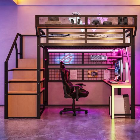 Lit mezzanine 140x200 cm avec bureau et étagères, LED et prises, en métal noir, sans matelas (1/5)