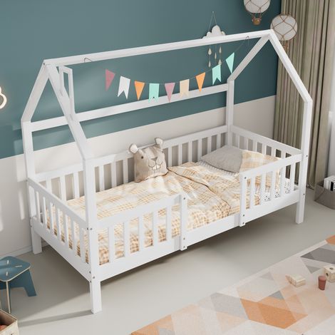 Kinderhausbett 90/200 cm weiß aus Kiefernholz mit Dach und Zaun (1/5)