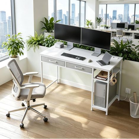 Bureau informatique blanc 120 x 51 x 75 cm avec tiroirs et étagère HAVRYA (1/5)