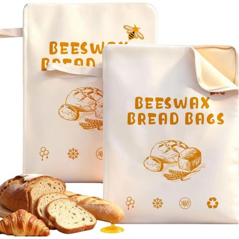 Sac à pain JeiibrZui en cire d'abeille naturelle - Très grand, en coton et lin avec fermeture éclair - Lot de 2 sacs de conservation durables pour pain au levain et pain artisanal - 33 x 43 cm - Sac d (1/5)