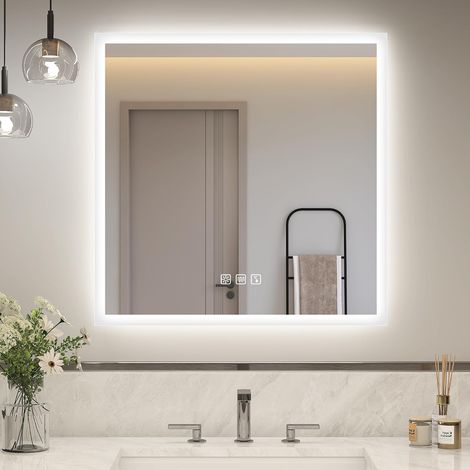 Miroir Salle de Bain avec Eclairage, Carré 60x60cm, Miroir LED Salle de Bain, Anti-buée, 3 Couleurs, Dimmable, Fonction de Mémoire, Verre Trempé, Étanche IP44, CRI90