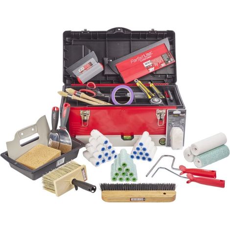 L'Outil Parfait – Caisse apprenti peintre et applicateur de revêtements 58x28x26 cm – Coffre robuste bi-matière – 2 compartiments de rangement – 56 pièces incluses