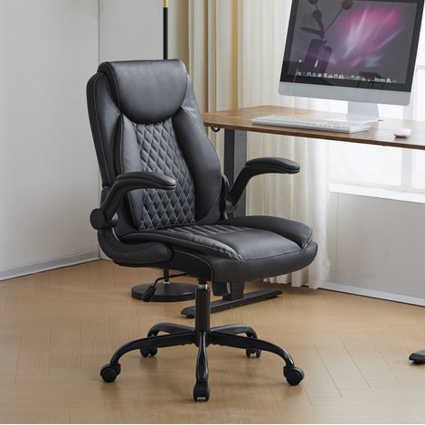 Ergonomischer Bürostuhl, Lendenstütze, Hochklappbare Armlehnen, Sitz mit Taschenfedern, Leder Schwarz (1/5)