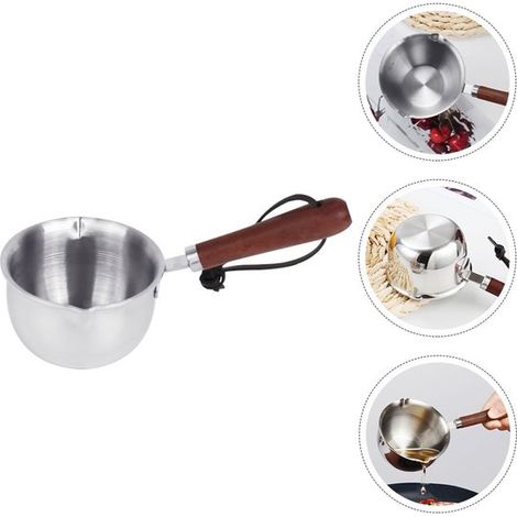 Chauffe-beurre, chauffe-lait ou chauffe-café en acier inoxydable avec poignée en bois, pour cuisinières à gaz. Permet de faire fondre le beurre, de réchauffer les aliments et de faire fondre le café. (1/5)